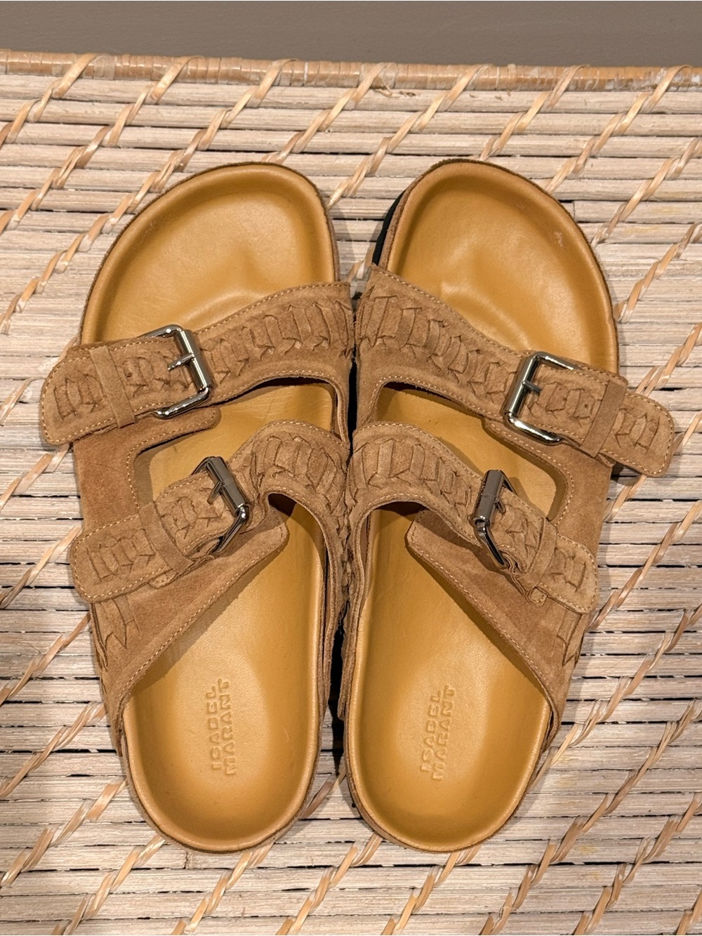 Isabel Marant Tan Woven Suede Double Buckle Slide Sandals Slides Size 38